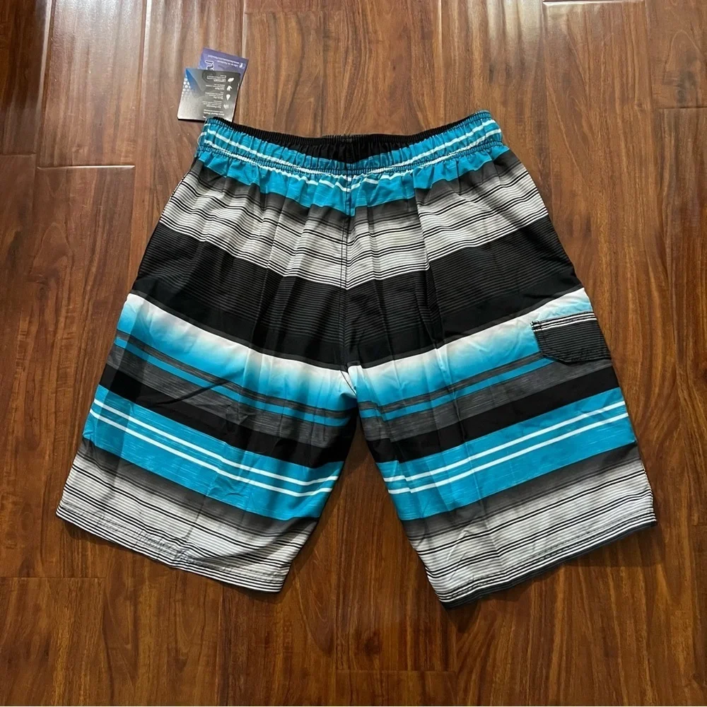 NWT Kanu Surf Men's Victor Blue Black Striped Swim Trunks size large